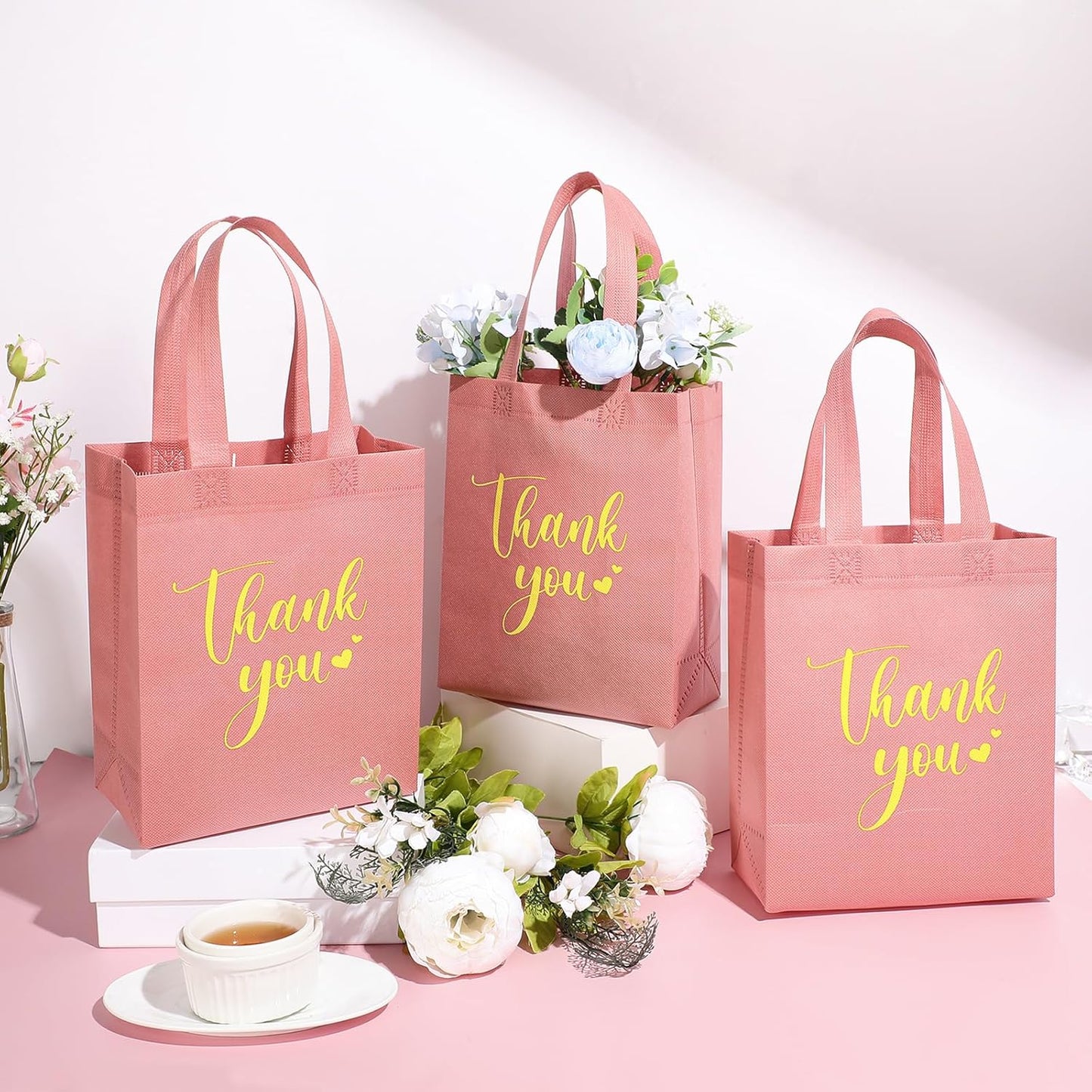 Sweetude 30 Pcs Thank You Gift Bags with Handles Bulk Reusable Goodie Bag Non Woven Foldable Handbag for Graduation Wedding Bridesmaid Gifts(10 x 8 x 4 Inch,Leather Pink)