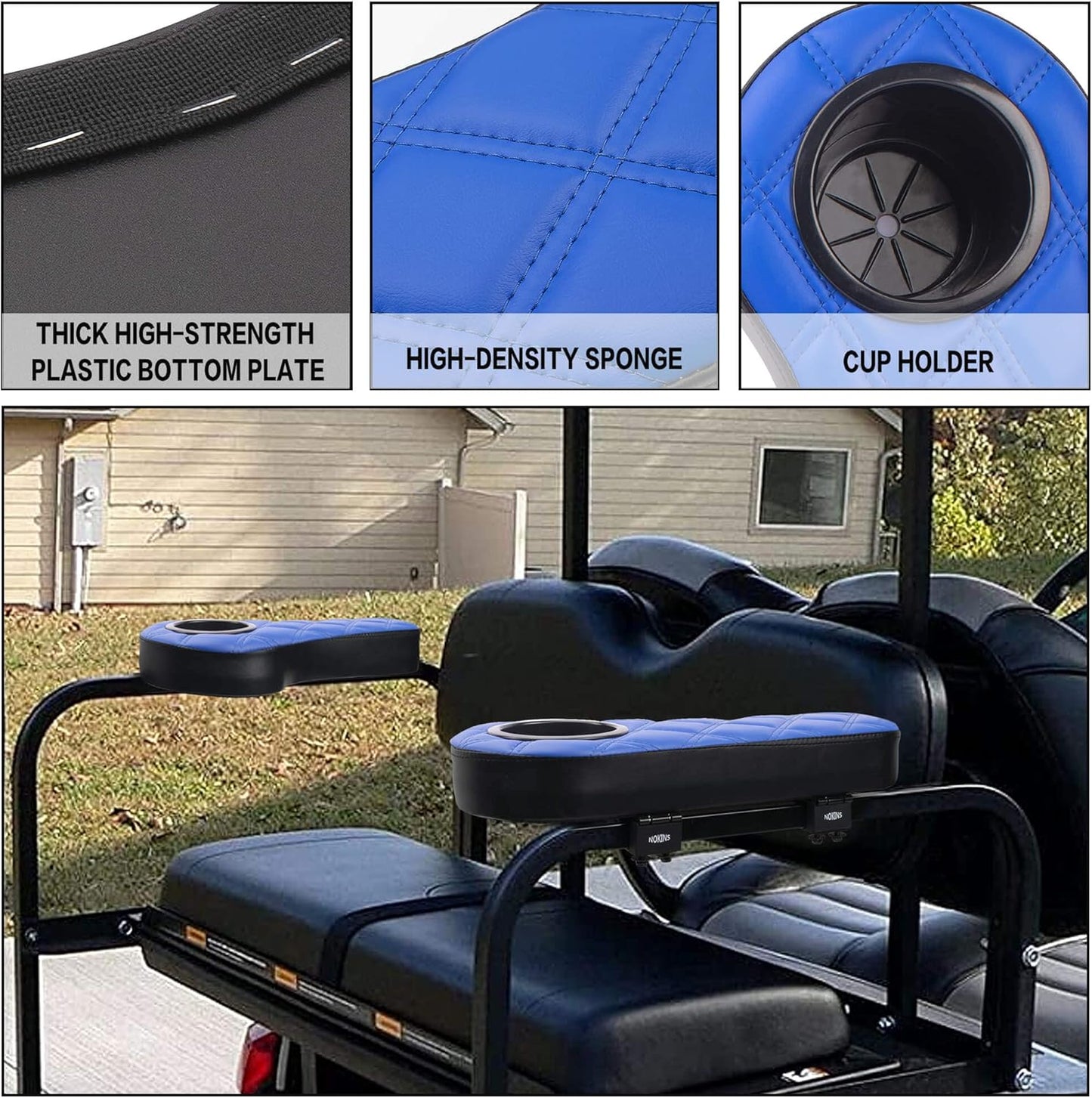 NOKINS Golf Cart Diamond Flip Armrest with Cup Holder, No Drilling Required, Golf Cart Folding Hinged Armrest, Inward Mount, for Club Car EzGo Yamaha Back Seat Kit