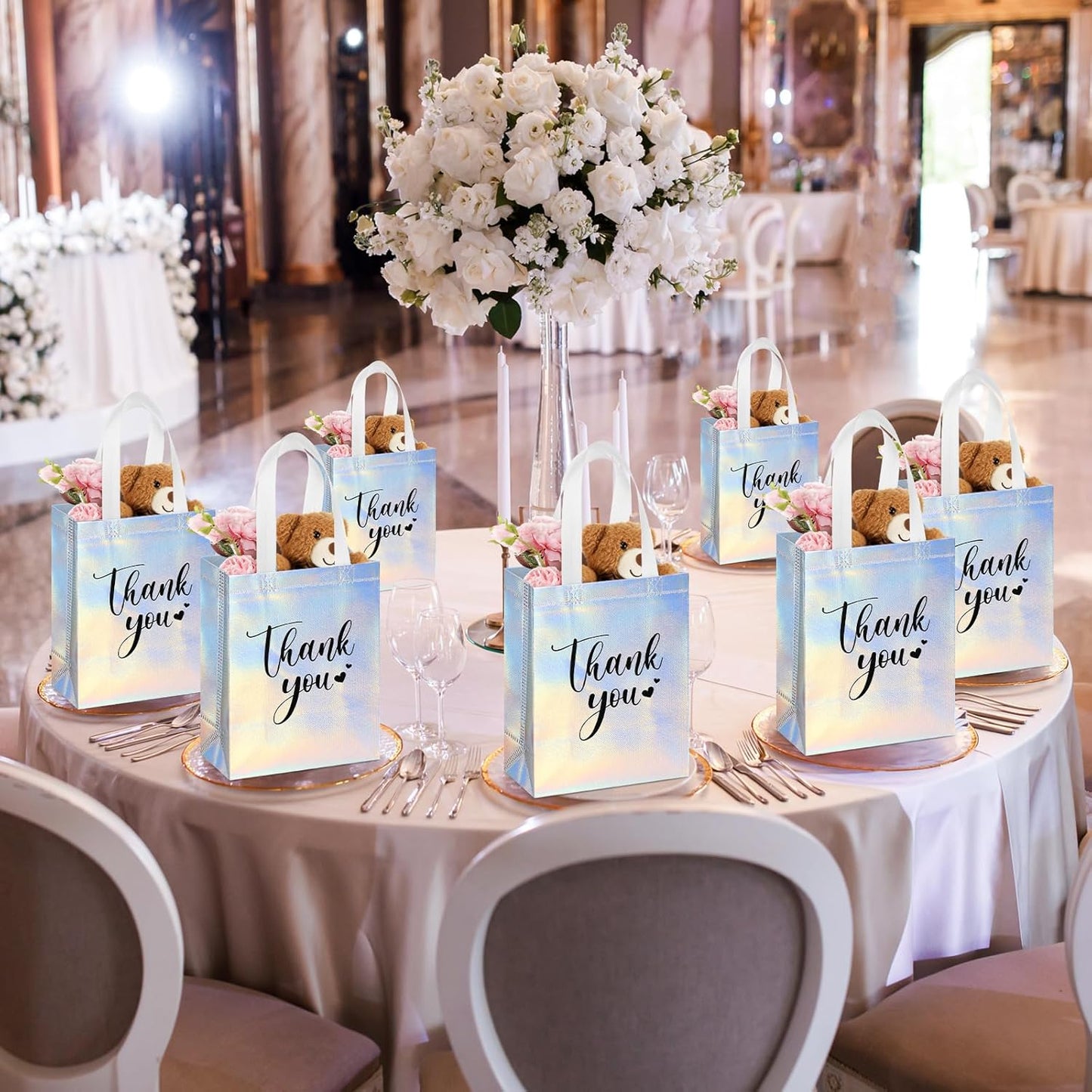 Sweetude 30 Pcs Thank You Gift Bags with Handles Bulk Reusable Goodie Bag Non Woven Foldable Handbag for Graduation Wedding Bridesmaid Gifts(10 x 8 x 4 Inch,Laser)