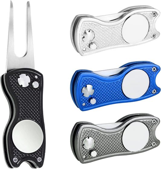 Mile High Life Golf Divot Repair Tool, All Metal Foldable Divot Tool with Pop-up Button & Magnetic Ball Marker, 2-6 Pack