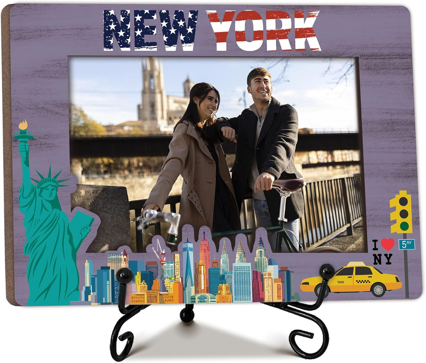 New York Travel Picture Frame, 5 x 8 New York Themed Wooden Photo Frame with Stand, Vacation Anniversary Honeymoon Gifts For Friend Family Couples, Home Office Desk Decorations-A16
