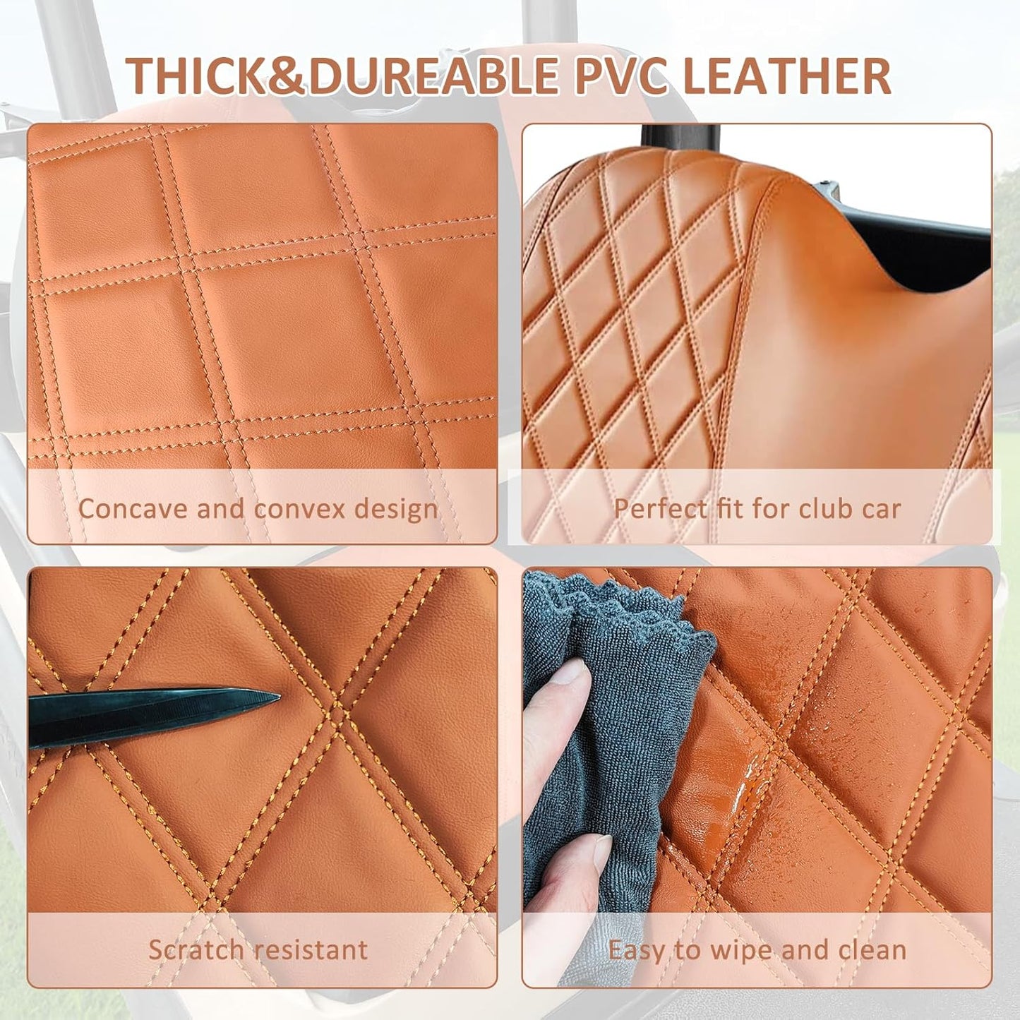 Golf Cart Seat Cover for Club Car Brown Precedent Ordinary Front Seat Cushion, Thick Vinyl Leather Custom Diamond Comfortable, Adjustable Straps and Retractable Buckle/No Nails Required