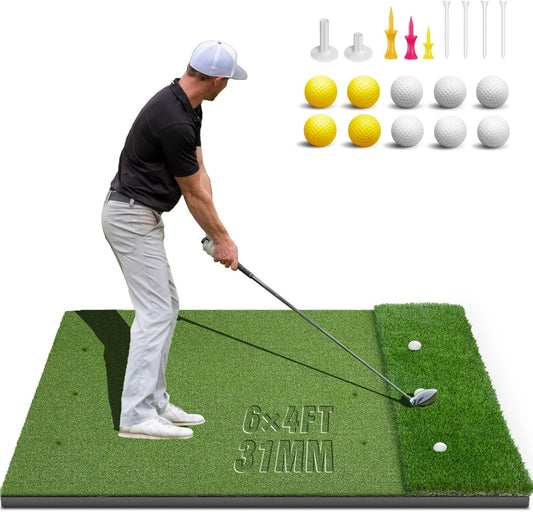 Dual-Turf Golf Mat 31mm: 6x4ft/5X5ft Extra Large Golf Hitting Mats Practice Outdoor Indoor, High-Density Artificial Turf Matt for Garage Simulator Chipping Driving Training, Ideal Gifts for Men Dad