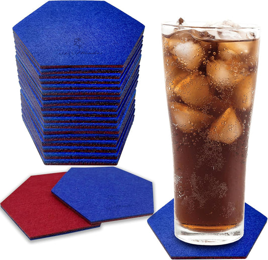 A&A Wonders Premium Felt Coasters for Drink, Two-Tone Reversible, Absorbent Felt Protects Furniture, Table, Anti Slip, Suitable for Drinks & All Table Types (Wine Red/Royal Blue, Hexagon 18 Pack)