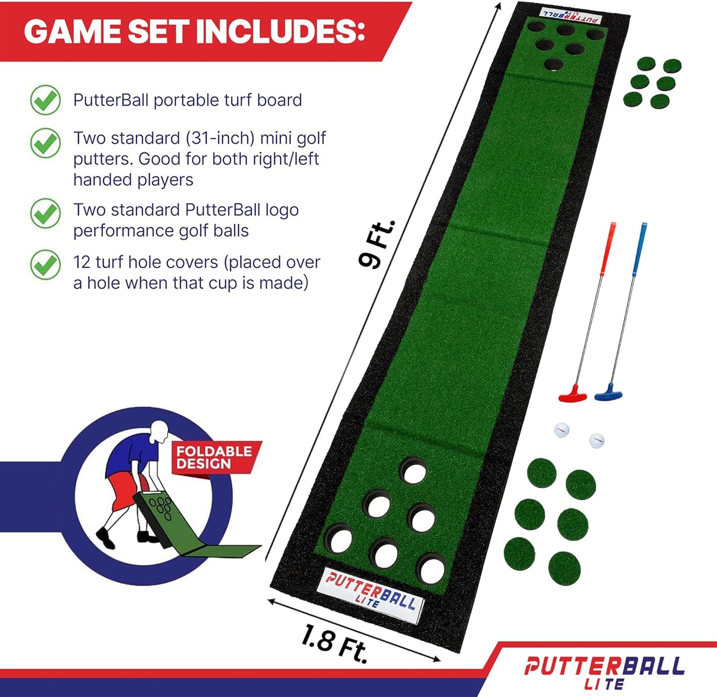 PutterBall Lite Original Golf Putting Game Set – Backyard 9 ft Putting Green Pong Style Golf Mat with 2 Putters, 2 Balls & Hole Covers