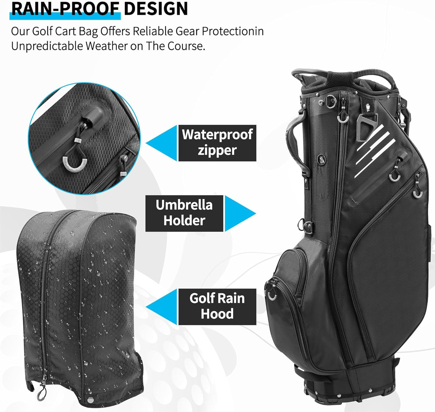Golf Stand Bag 14 Way Full-Length Dividers with Stand, Lightweight Waterproof Golf Bag, 8 Pockets, Cooler Pouch,Golf Club Bag for Men, Dual Strap, Rain Hood, Black