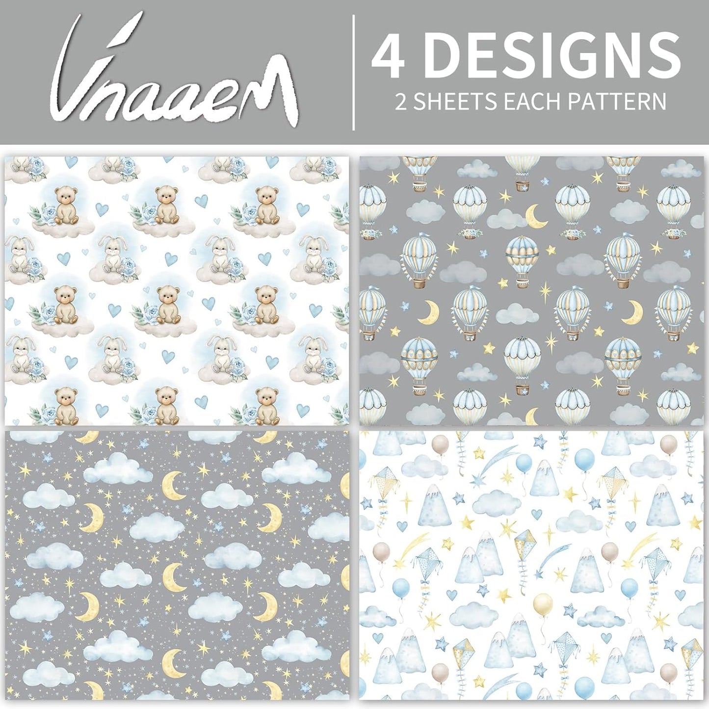 Vnaaem Baby Boy Wrapping Paper 12 Pc Baby Shower Wrapping Paper with Grey Balloon Bear Moon Patterns for Kids Birthday Party New Baby,19.6 X27.8Inch