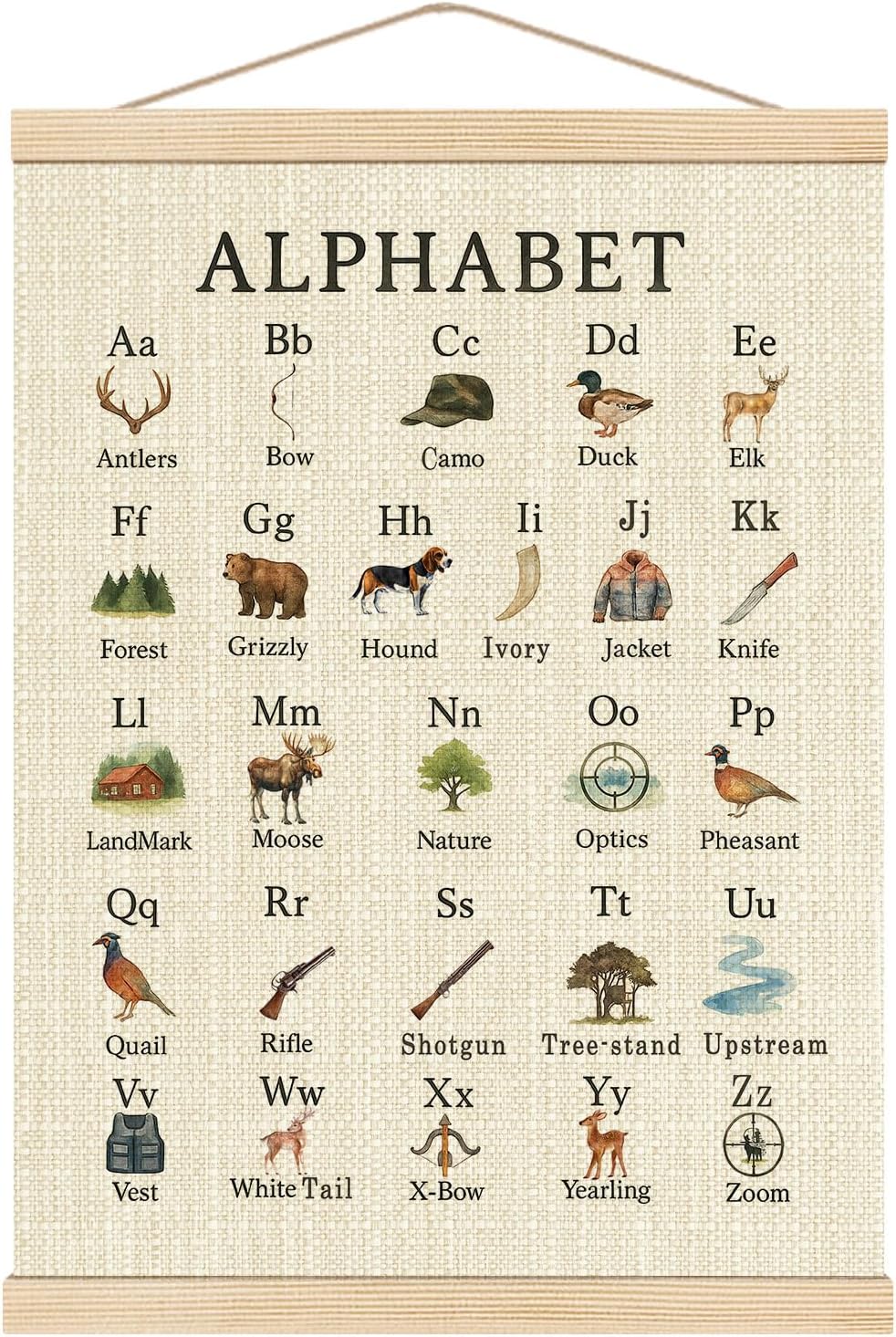 Boat Wades Hunting Alphabet Nursery Wall Art Poster Hanger Frame, Forest Nursery Decor, Educational Alphabet Hunting Hanging Wall Decor for Toddler Boys Bedroom Playroom Classroom, 12x16 Inch