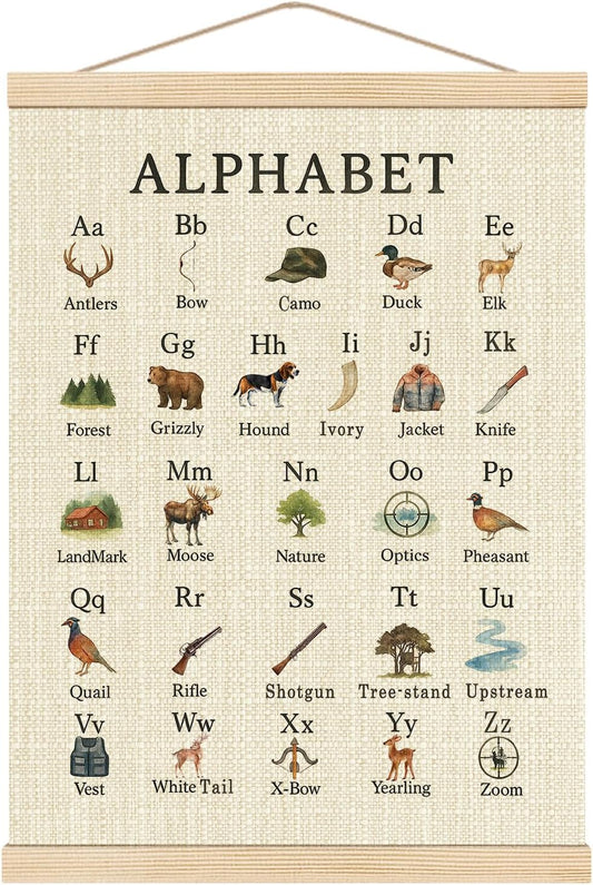 Boat Wades Hunting Alphabet Nursery Wall Art Poster Hanger Frame, Forest Nursery Decor, Educational Alphabet Hunting Hanging Wall Decor for Toddler Boys Bedroom Playroom Classroom, 12x16 Inch