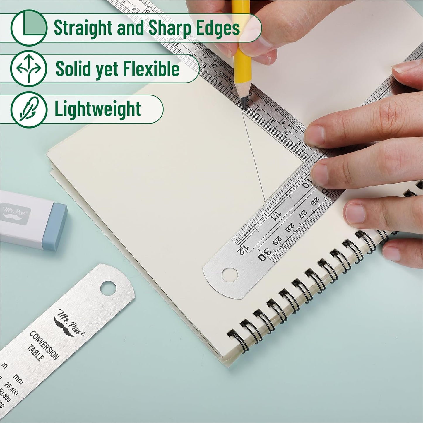 Mr. Pen- Stainless Steel Ruler, 3 pcs, 6", 12", 16", Imperial & Metric Measurements, Metric Metal Ruler Set, Metal Rulers