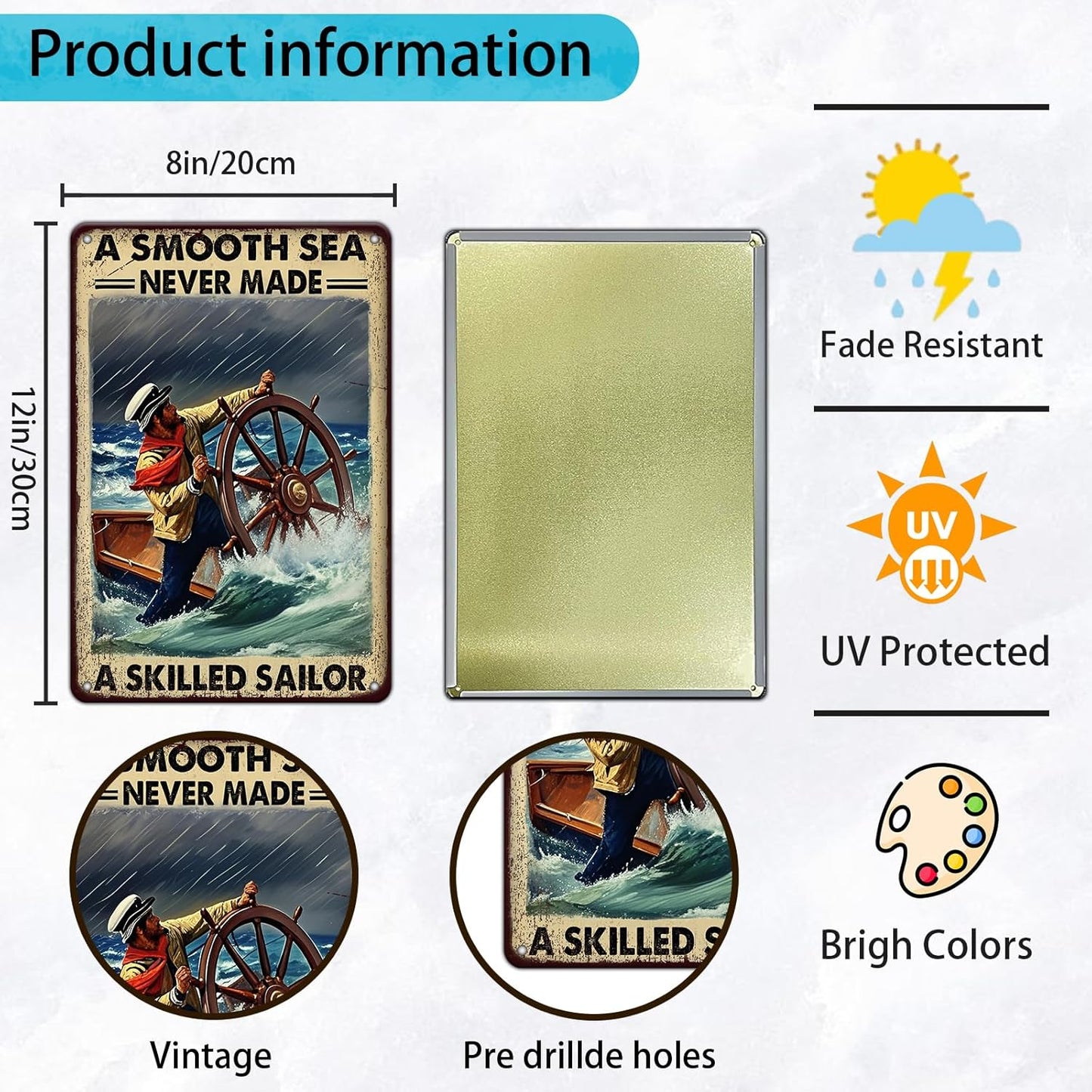 Vintage Tin Sign Metal Poster Plaque A Smooth Sea Never Made A Skilled Sailor Sailing Ship Poster Metal Sign Iron Painting Retro Wall Decor for Home Hotel Cafes Sign Gift 8x12 Inch