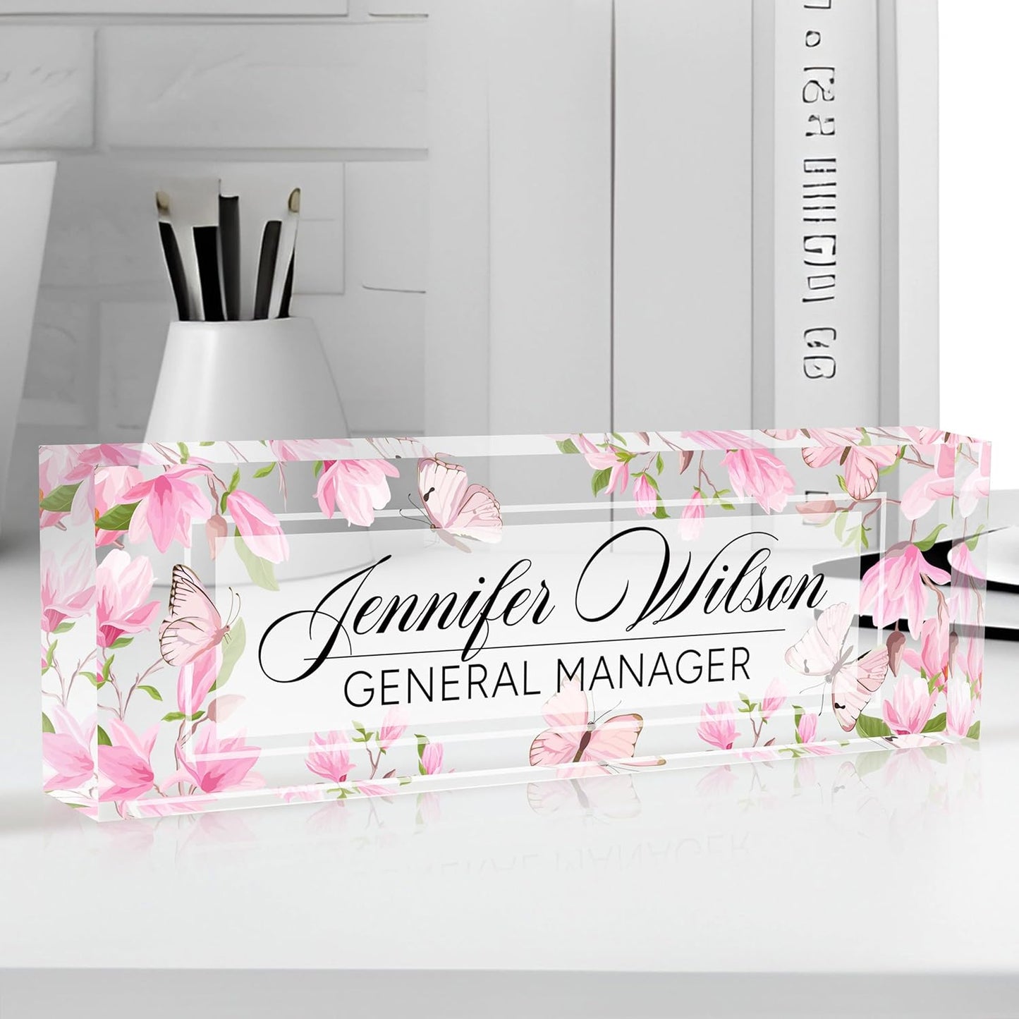 Personalized Acrylic Desk Name Plate - Custom Employee Appreciation Gifts - Office Gifts for Women, Men, Boss, Coworkers, Teacher, Nurse (Pink Flower Butterfly)