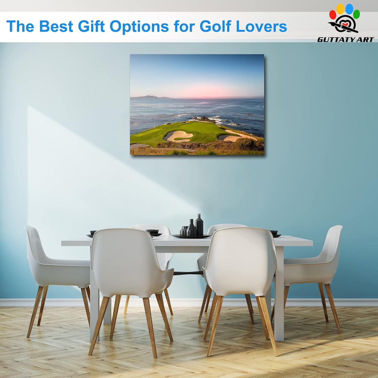 Golf Canvas Wall Art, Pebble Beach Golf Links Painting Prints for Living Room Wall Decor, Men's Sports Golf Course Poster Picture for Bedroom Decor, Framed Artwork for Office Home Decor 18x24 Inches