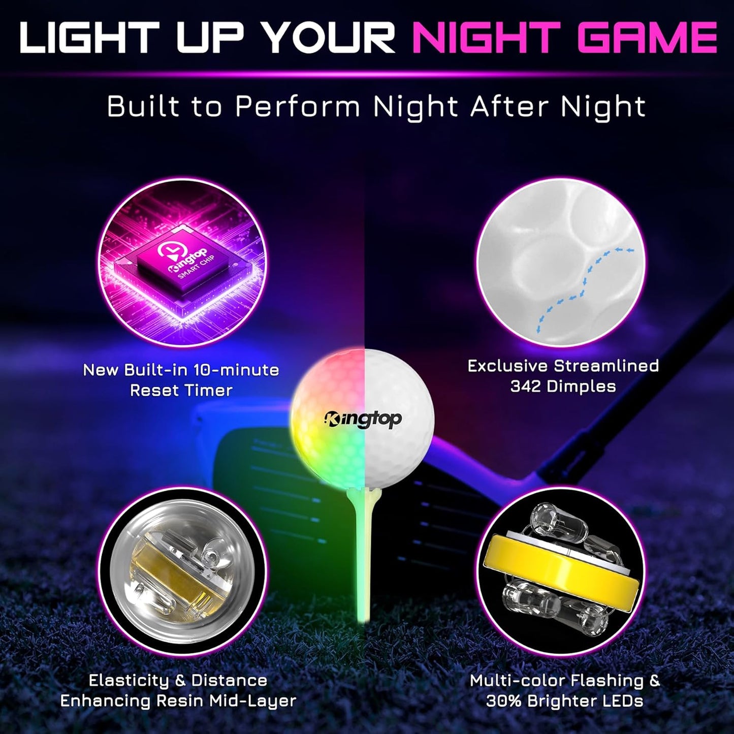 KINGTOP Upgraded Glow in The Dark Golf Balls - Super Bright Light Up LED Golf Ball - with Glow Golf Tees and Storage Bag - Fun Night Golfing Gift for Men and Women | Backyard Putting Greens