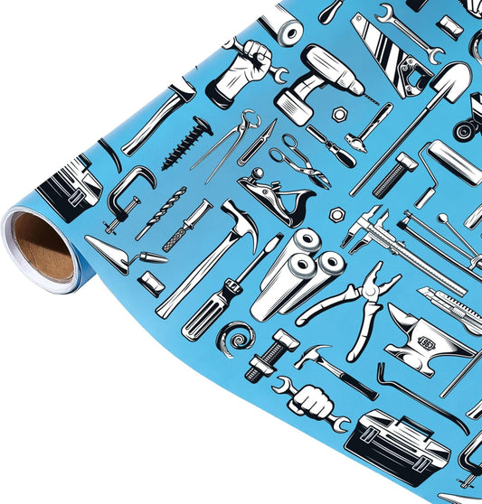 Tools Wrapping Paper Roll - Blue Handyman Wrench Gift Wrap,Toolbox Parties,Retirements,Workshops,17Inch x16.4Feet