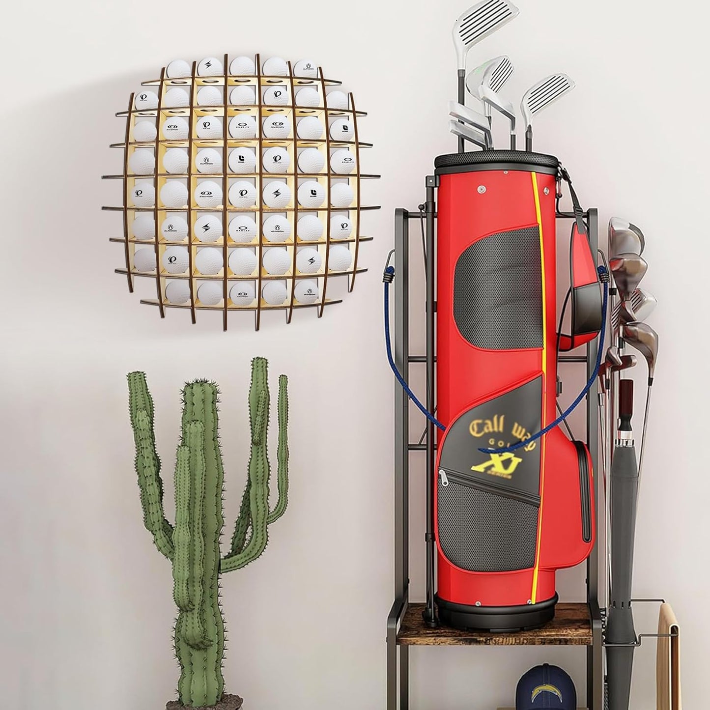 Golf Ball Display up to 52Pcs, Golf Ball Holder Wall Mounted, Golf Ball Rack for Golf Lovers (Oak Color)