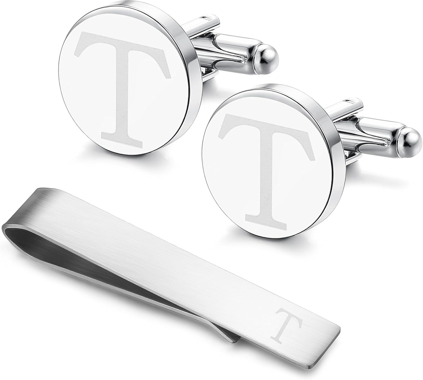 LOYALLOOK Stainless Steel Engraved Initial Cufflinks and Tie Clip Bar Set Alphabet Letter With Gift Box A-Z