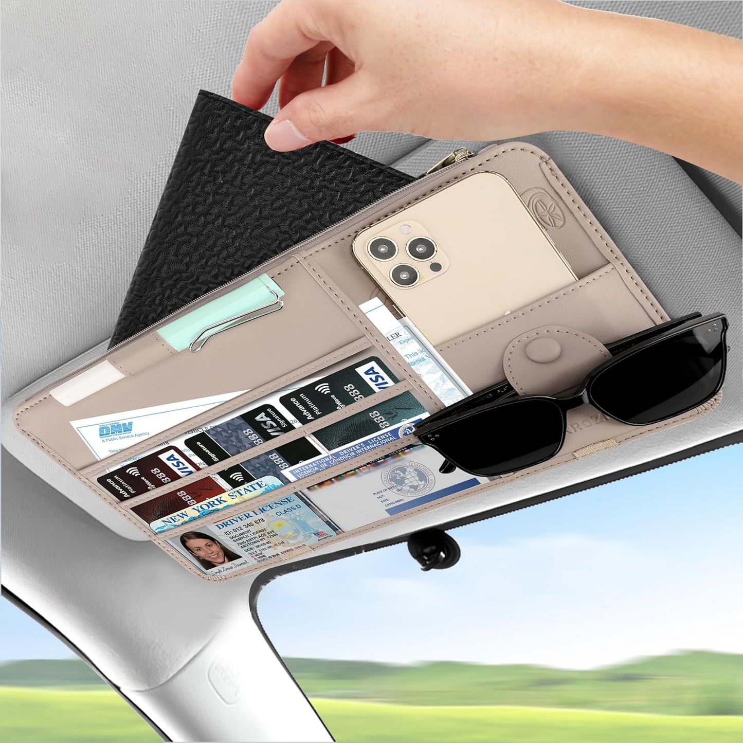 Leather Car Sun Visor Organizer for Cars, Trucks & SUVs: Features Sunglasses Holder, Secure Zipper Pockets, and 6 Clear Windows for Registration, Driver's License, and Insurance Card（Shallow Khaki）