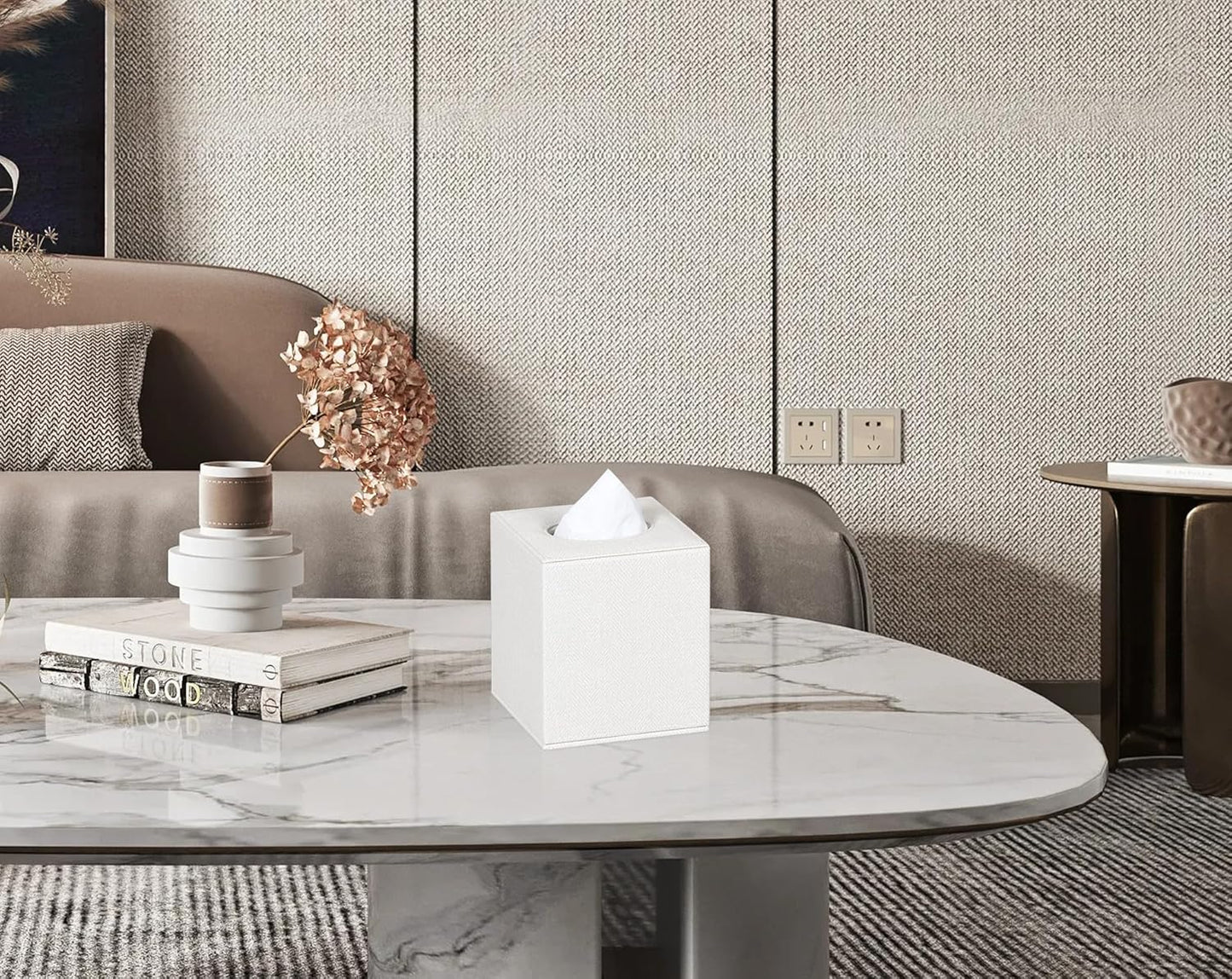 Tissue Box Cover Square Tissue Box Holder for Bathroom (Beige)