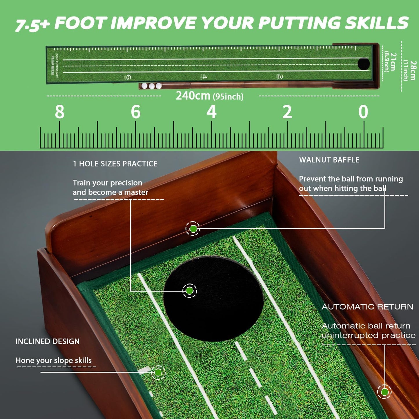 Putting Green Portable Indoor Putting mat，Includes Putting Practice Ball, Wrinkle-Free Mat, and Solid Wood Construction,Office, Living Room, Golf Gift