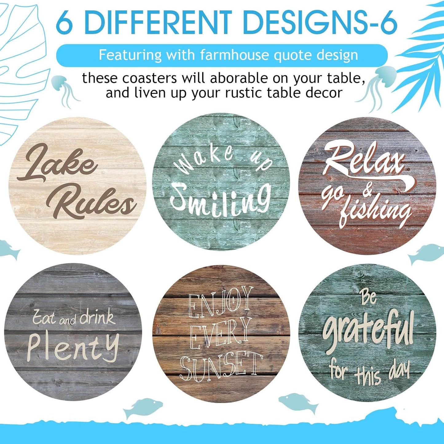 Queekay 6 Set Lake Theme Coasters with Holder for Drinks, Lake House Gifts for Lake Lovers, 4'' Wooden Coasters with Lake Sayings Housewarming Gifts for Home Lake Theme Bar Coffee Table Decorations