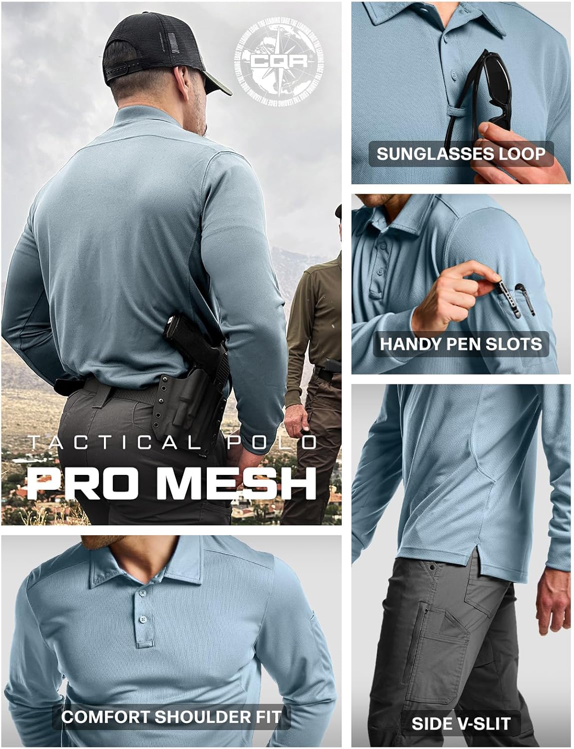 CQR Men's Polo Shirt, Long Sleeve Tactical Shirts, Outdoor UPF 50+ Pique Shirt, Dry Fit Lightweight Golf Shirts