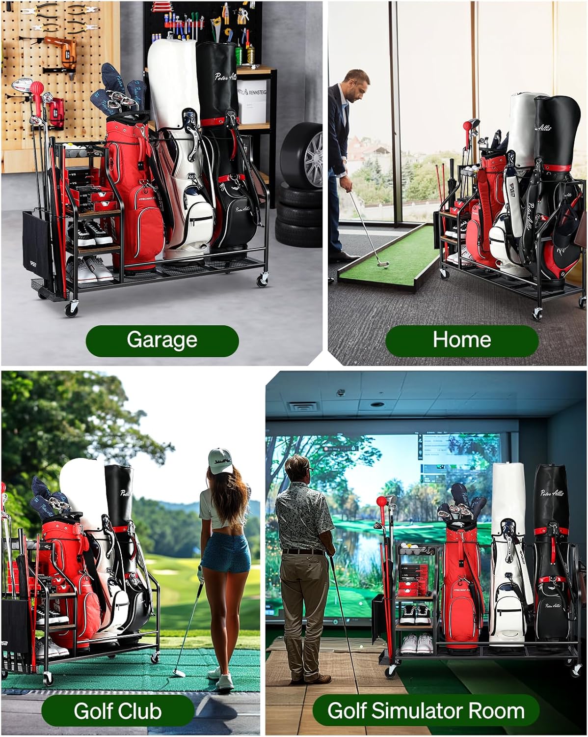 Golf Bags Storage Garage Organizer- Golf Bag Stand for Golf Bags, Clubs, Balls, Golf Equipment Accessories, Golf Bag Storage Rack with Wheels for Garage, Club, Basement