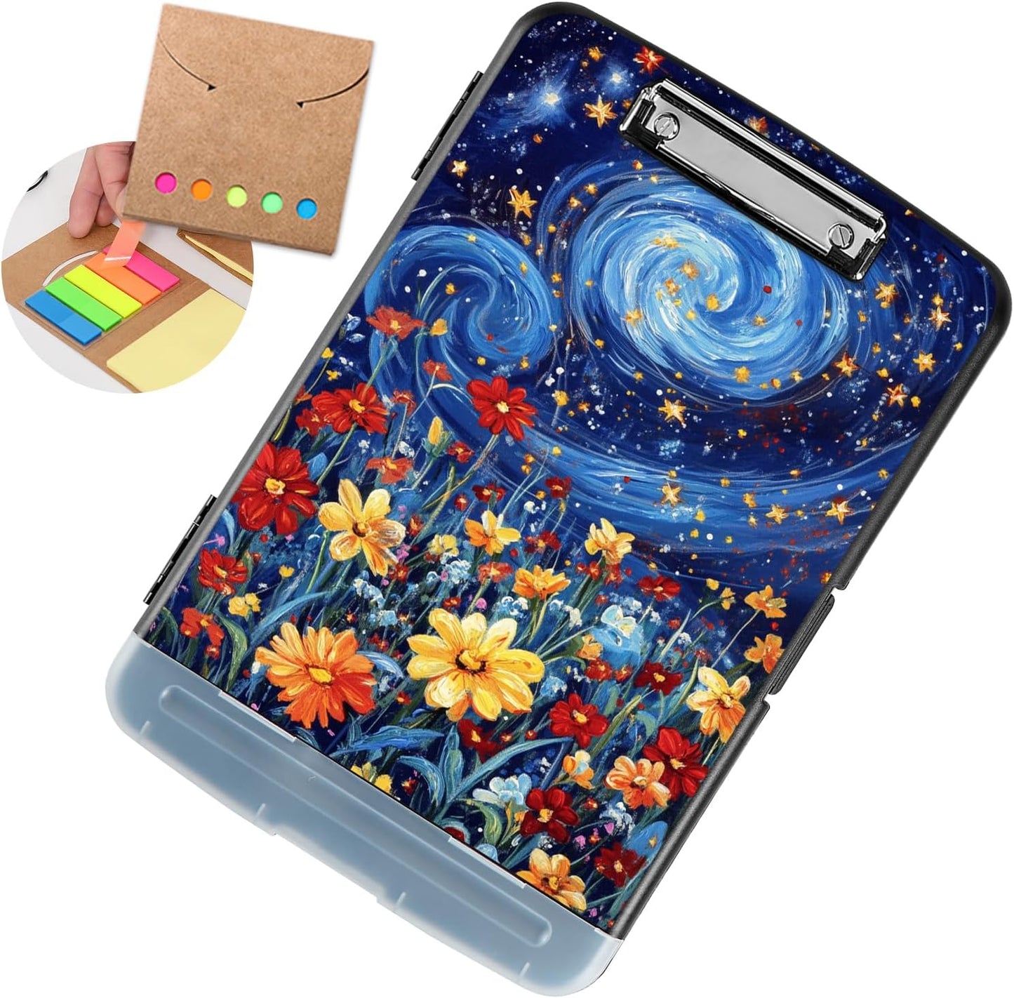 Clipboard with Storage - Large Capacity,Nursing Clipboard with Pen Holder,Heavy Duty,Plastic Side-Opening Folder for Teacher,Nurse - Flowers Under Starry Night