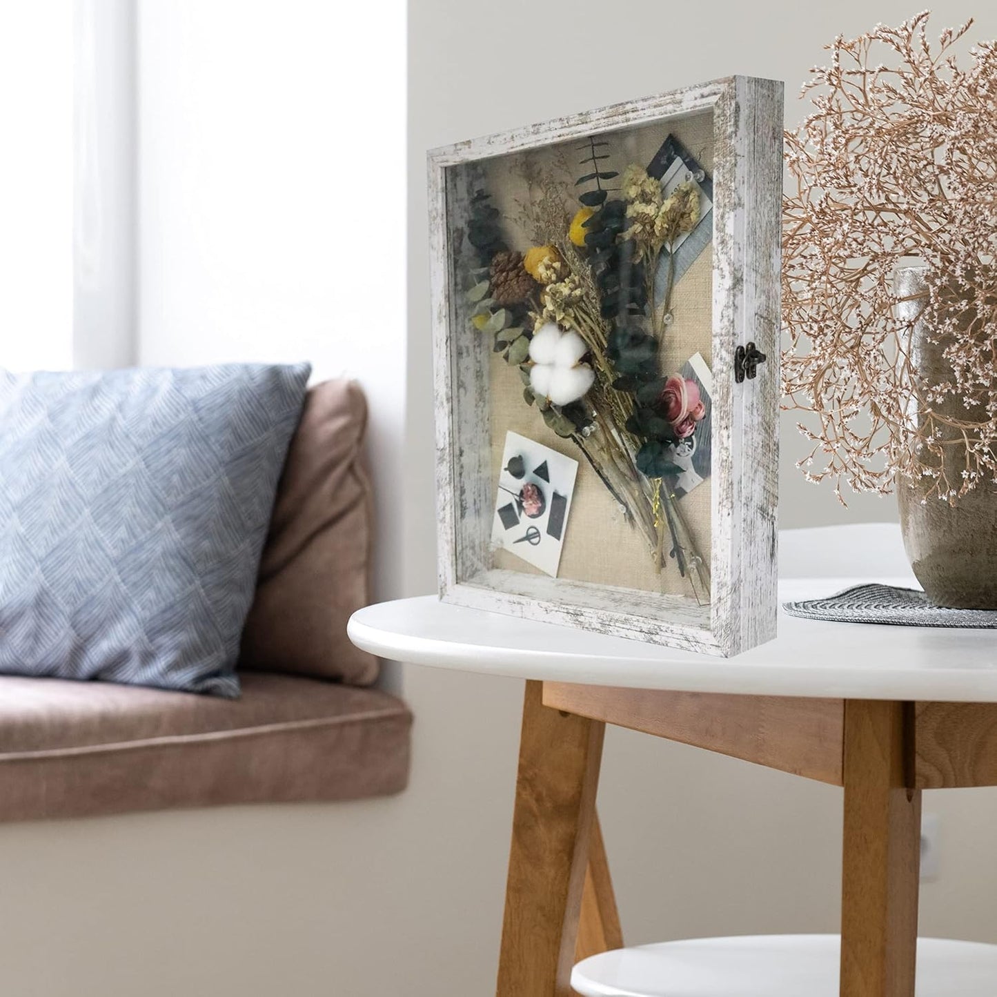 GraduatePro Shadow Box Frame 11x14 Display Case with Linen Back, Real Glass Window Door with Hinge, Picture Frame Wedding Bouquet Memorabilia Medals Photos Memory Box for Keepsakes, Rustic White