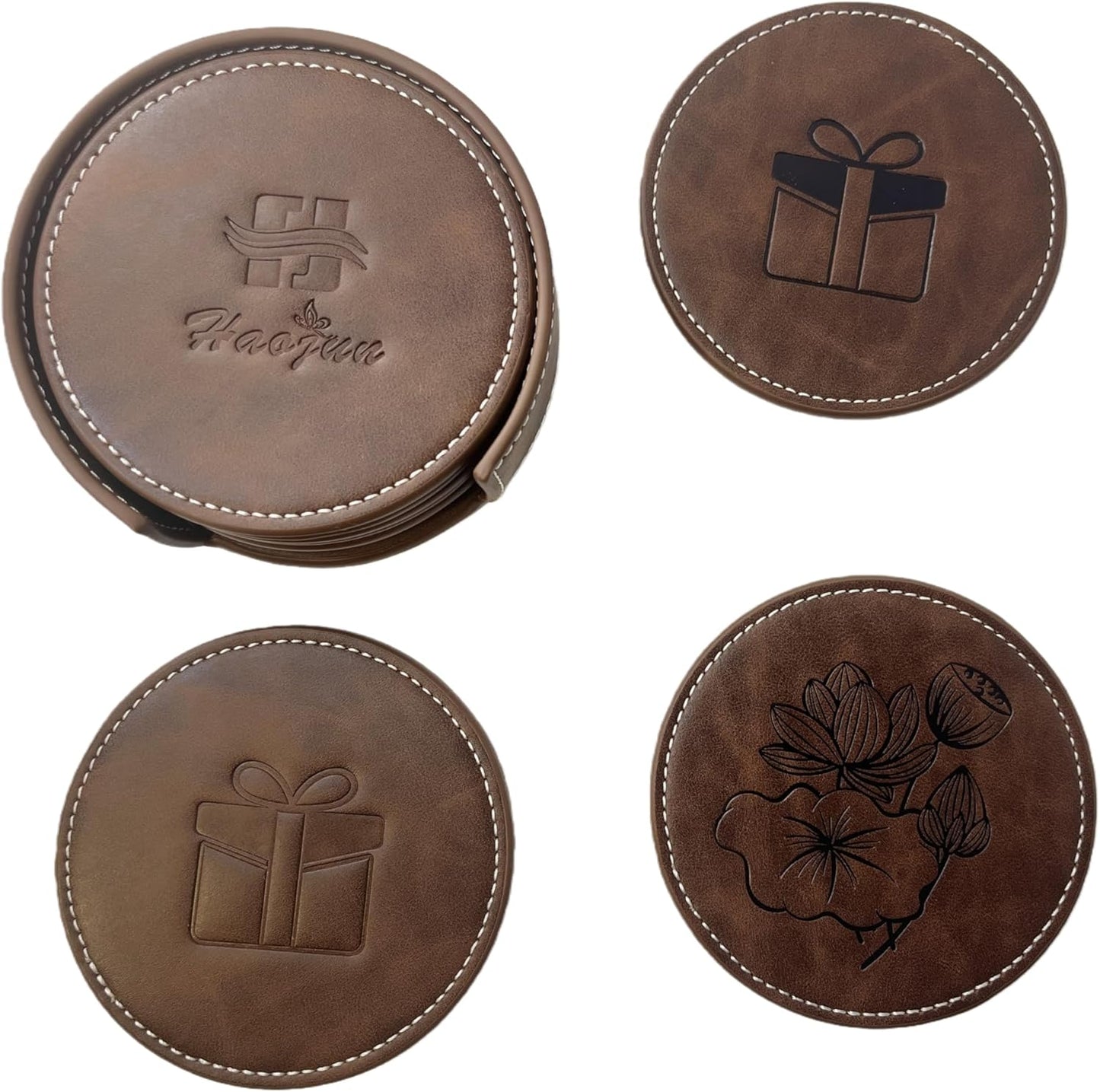 Custom Vintage Coasters Set of 6, Leather Coasters with Holder, Coaster for Office Desk, Non-Slip, Non-Stick, Easy Clean, for Housewarming Gifts, Home Decor, Wooden Table, Coffee Table, Bar (Brown)