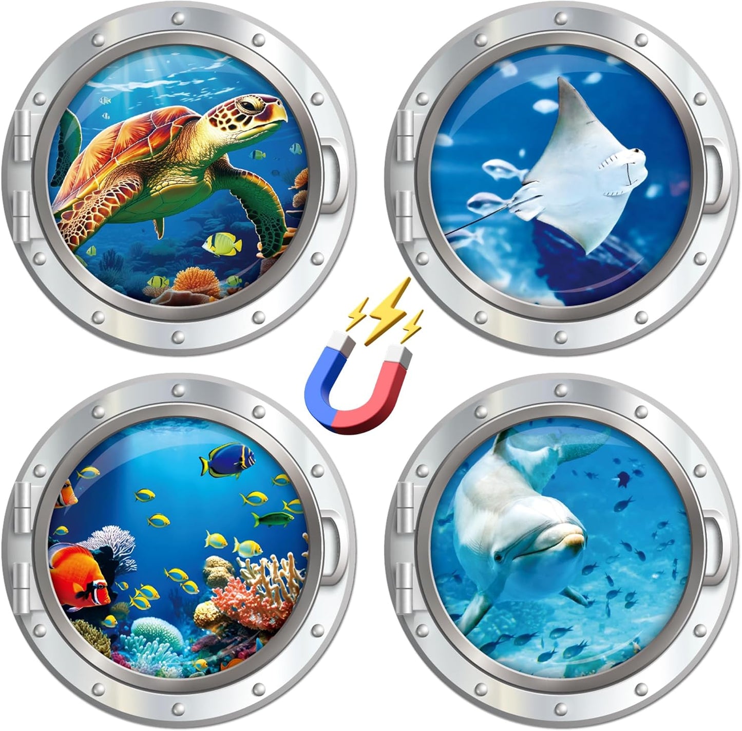Cruise Ship Door Decorations Magnetic, 4 Pcs Large Porthole Sea Turtle Dolphin Ray Tropical Fish Cruise Magnets, Sea Animals Magnetic Ship Cabin Door Signs Fridge Decor