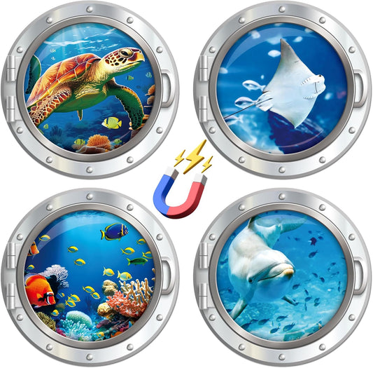 Cruise Ship Door Decorations Magnetic, 4 Pcs Large Porthole Sea Turtle Dolphin Ray Tropical Fish Cruise Magnets, Sea Animals Magnetic Ship Cabin Door Signs Fridge Decor