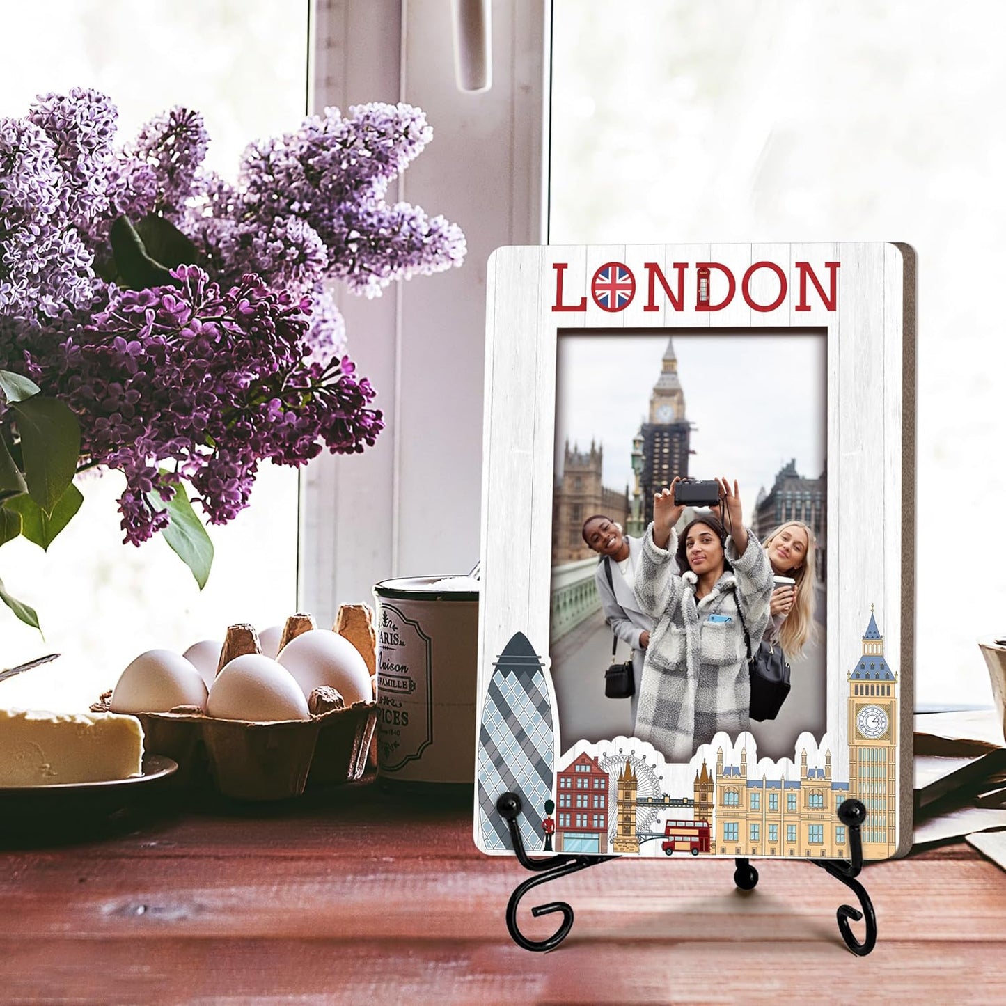London Travel Picture Frame, 5 x 8 London Themed Wooden Photo Frame with Stand, Vacation Anniversary Honeymoon Gifts For Friend Family Couples, Home Office Desk Decorations-A20