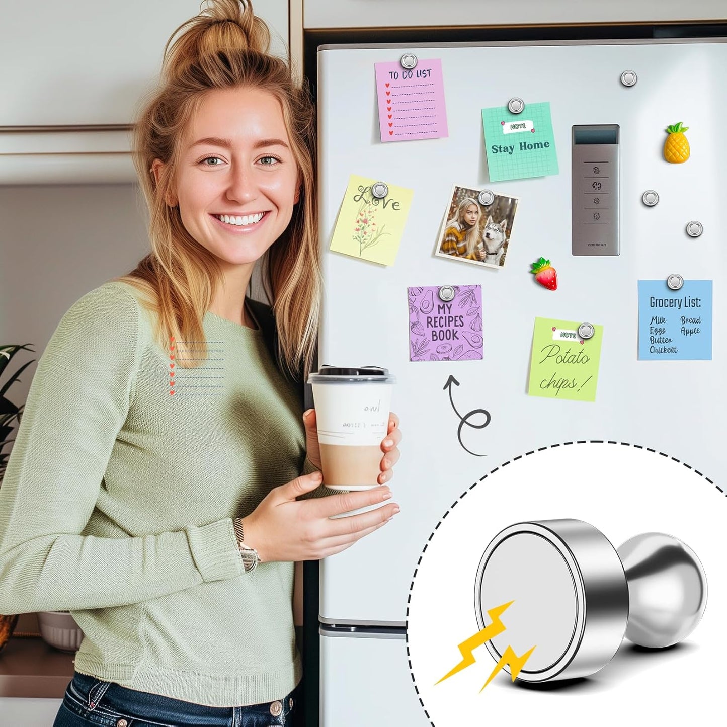 FINDMAG Fridge Magnets, Strong Small Silver Refrigerator Magnets, Decorative Magnet for Dry Erase Board, Strong Magnetic Push Pins for Whiteboard, Office, Classroom, Kitchen, Photos, 14 Pack