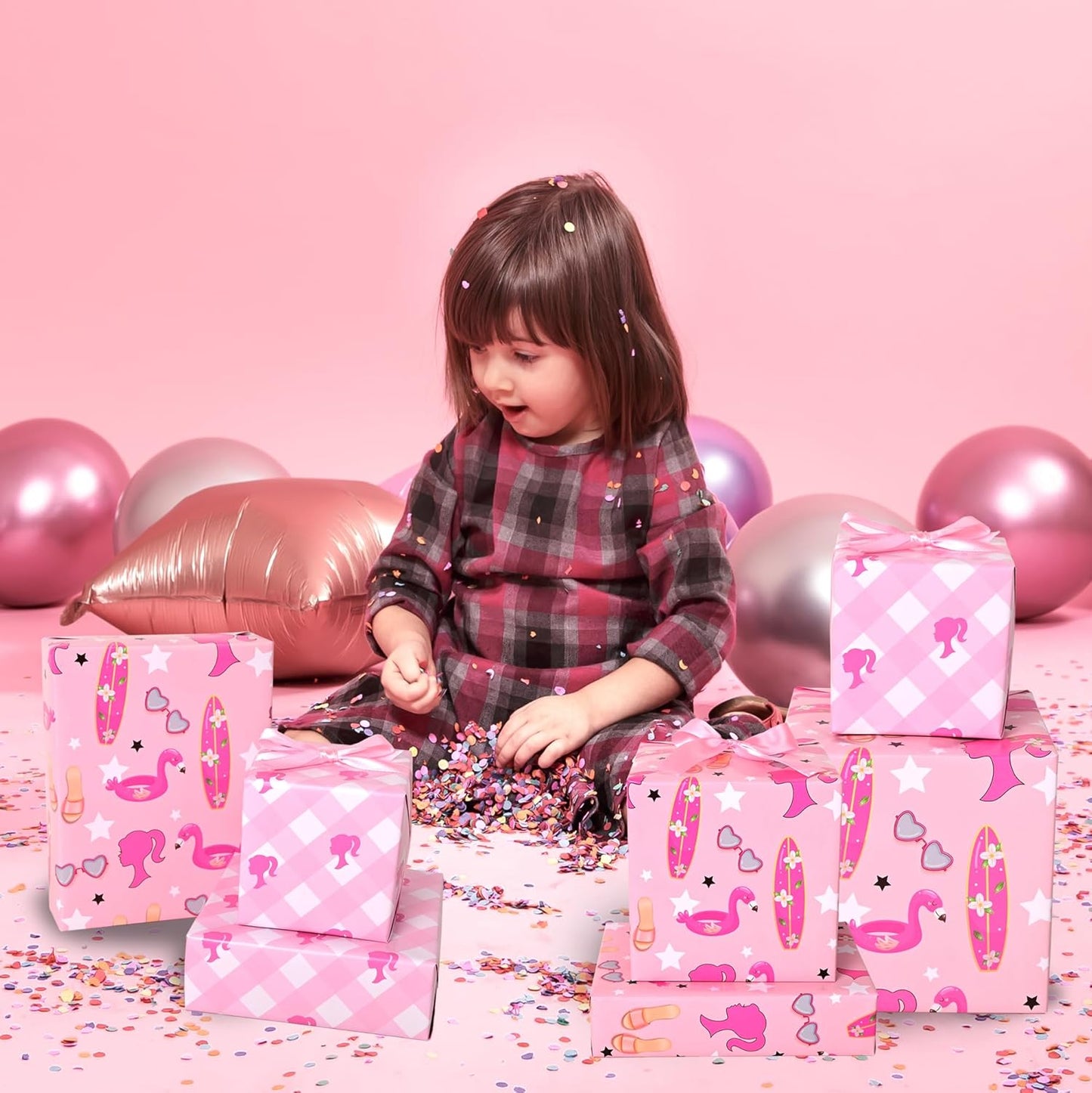 Vnaaem Reversible Girl Princess Wrapping Paper Roll for Girls Women - Pink Birthday Gift Wrap with stars, Plaid for Holiday Baby Shower Wedding Bridal Shower DIY Craft Party - 17 in x 20 ft(Total 28.5sq.ft)