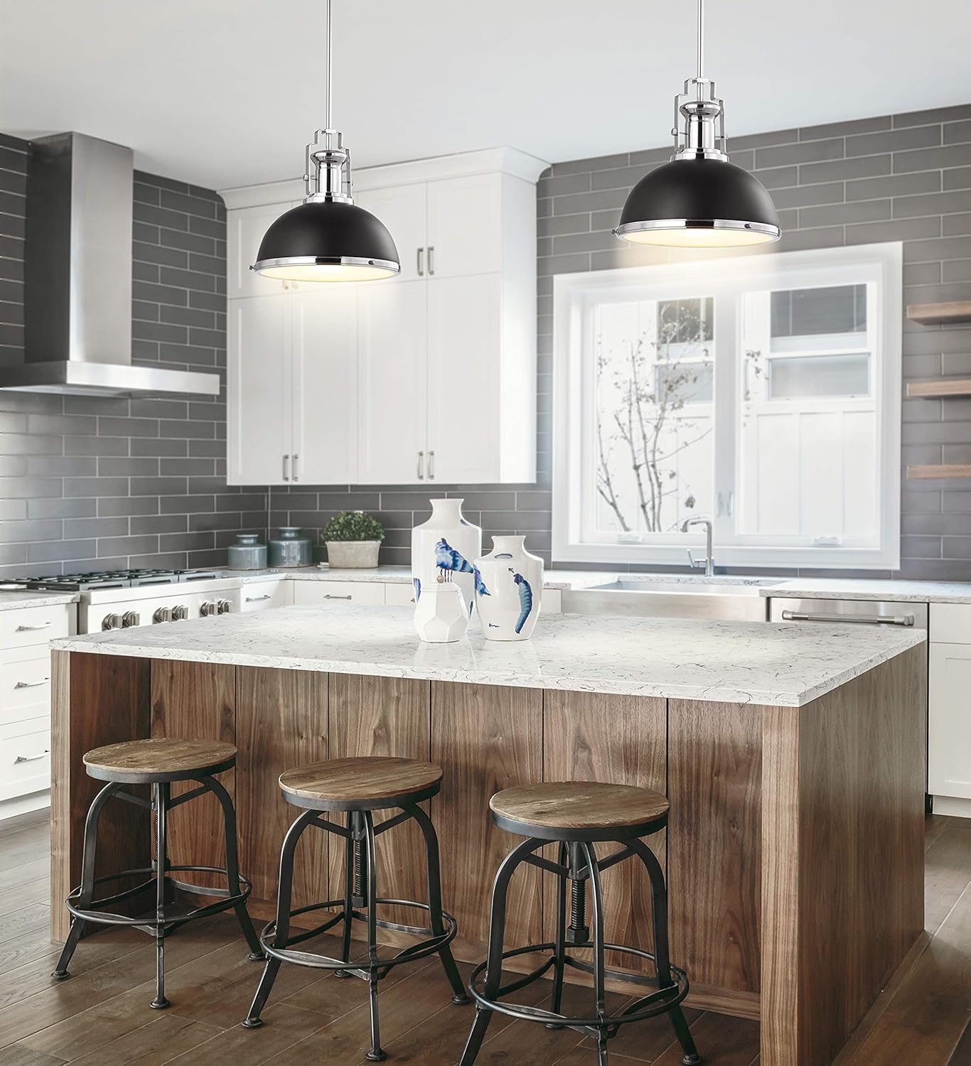 JONATHAN Y JYL9536B Homer 13" Adjustable Iron/Glass Vintage LED Kitchen Pendant for Living Room Bedroom, Classic Cottage, Black/Chrome