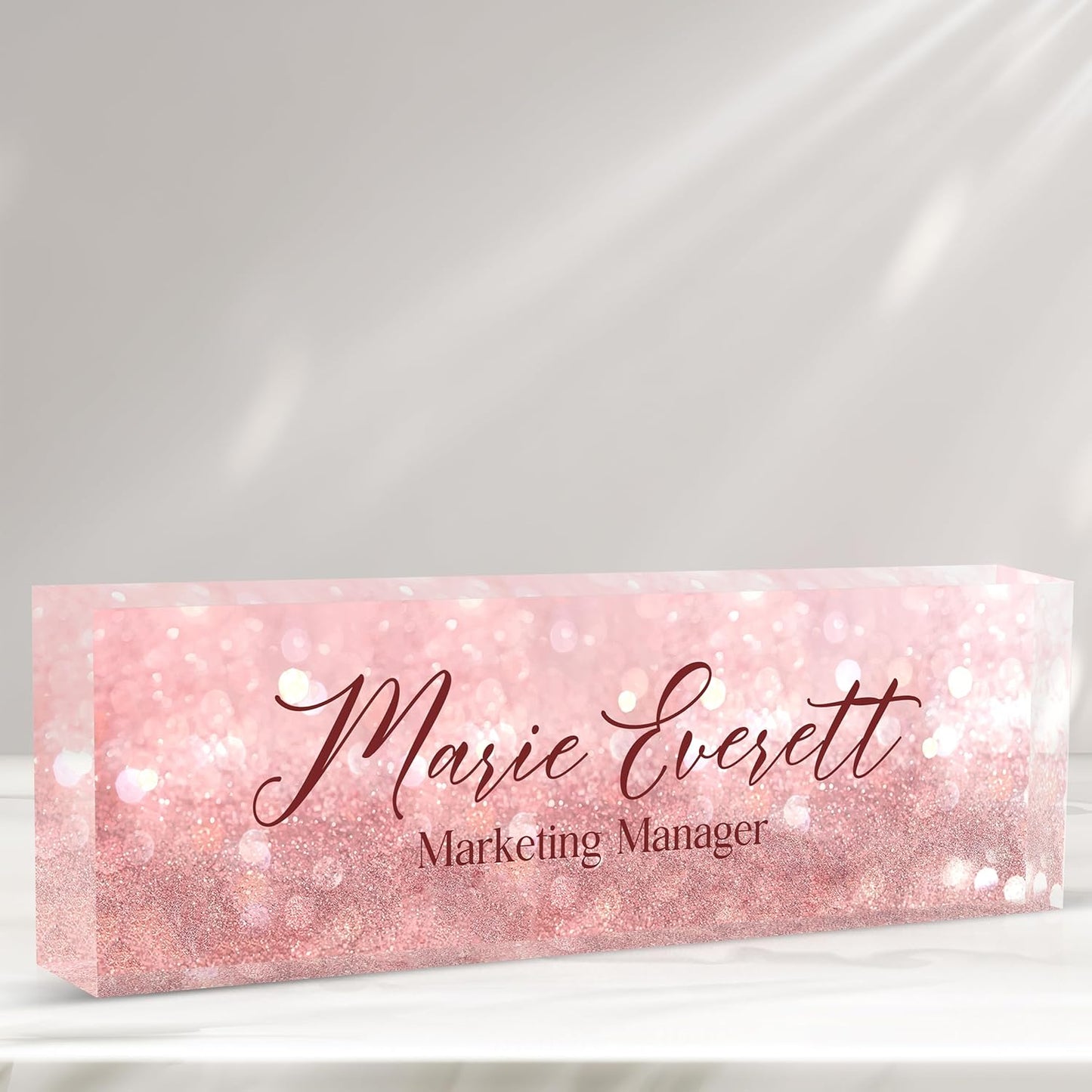Personalized Name Plate for Desk Custom Acrylic Desk Name Plate Custom Employee Appreciation Gifts Office Gifts for Women, Men, Boss, Coworkers, Teacher, Nurse (B-Pink Crystal)