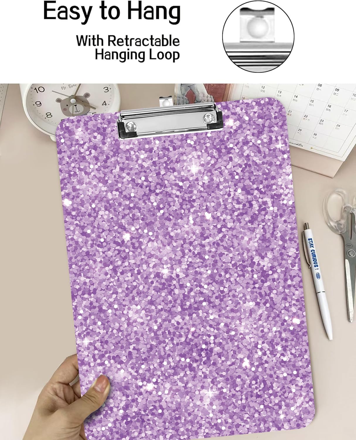 Fashion A4 Clipboard, Standard Letter Size 9" x 12.5", Decorative Wooden Clipboard with Low Profile Metal Clip for Office, School, Teachers, and Students, Purple