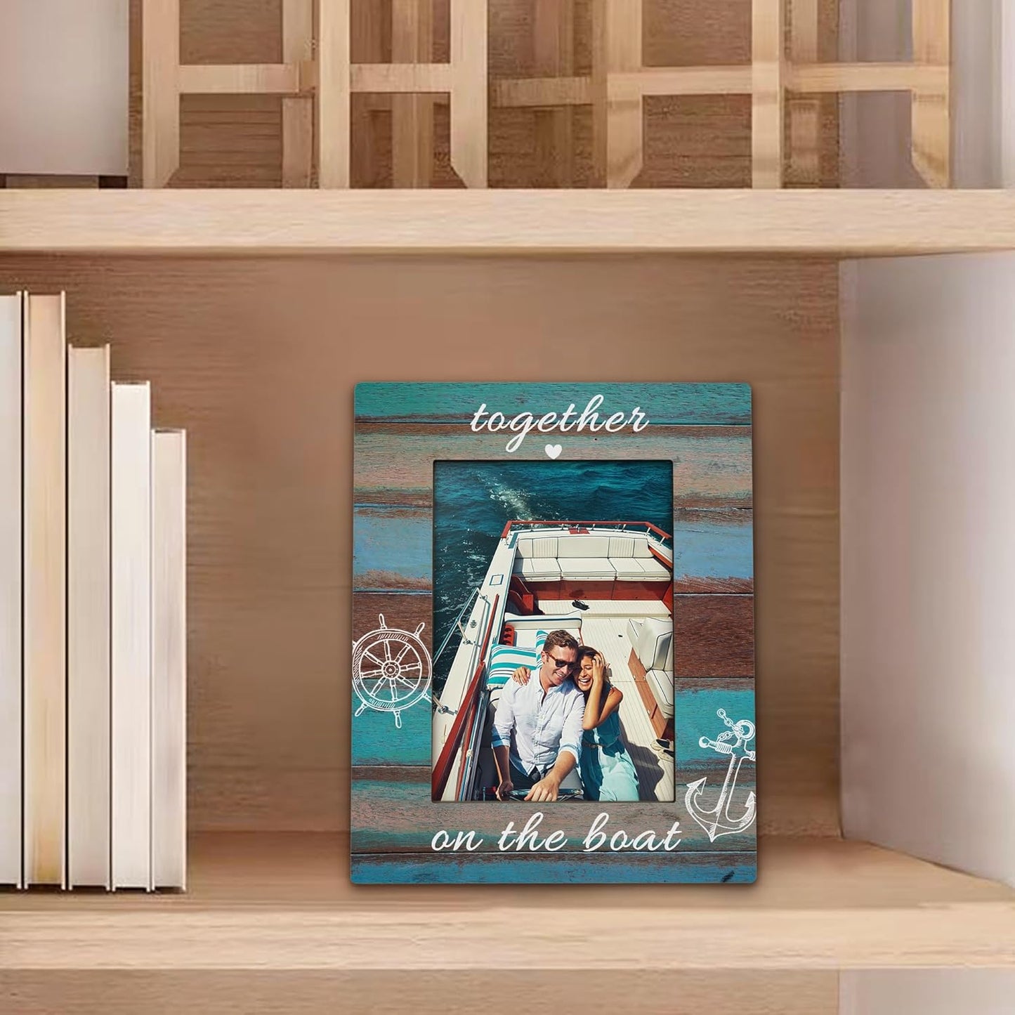 Boat Gifts Picture Frame 5x7, Couples Boating Photo Frame, Boating Gifts for BoatOwner Couples Friends, Together on the Boat Nautical Wooden Picture Photo Frames for Desk Home Room Decor