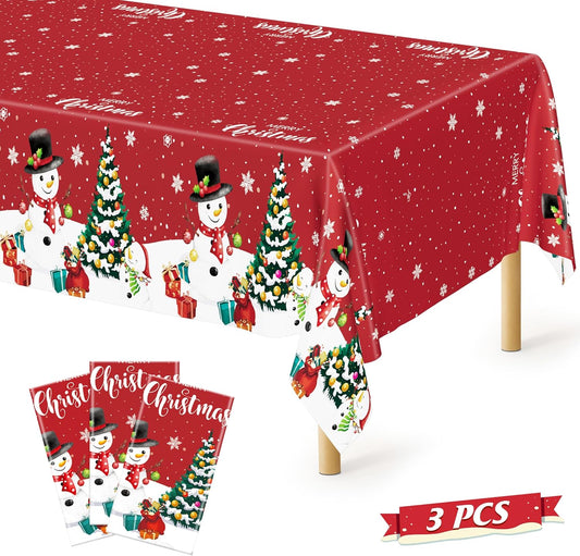 QZYL 3 Pack Christmas Tablecloths, 54" x 108" Snowman Christmas Decorations, Rectangle Holiday Plastic Tablecloth Xmas Disposable Table Cover, Xmas Table Decor Holiday Party Supplies