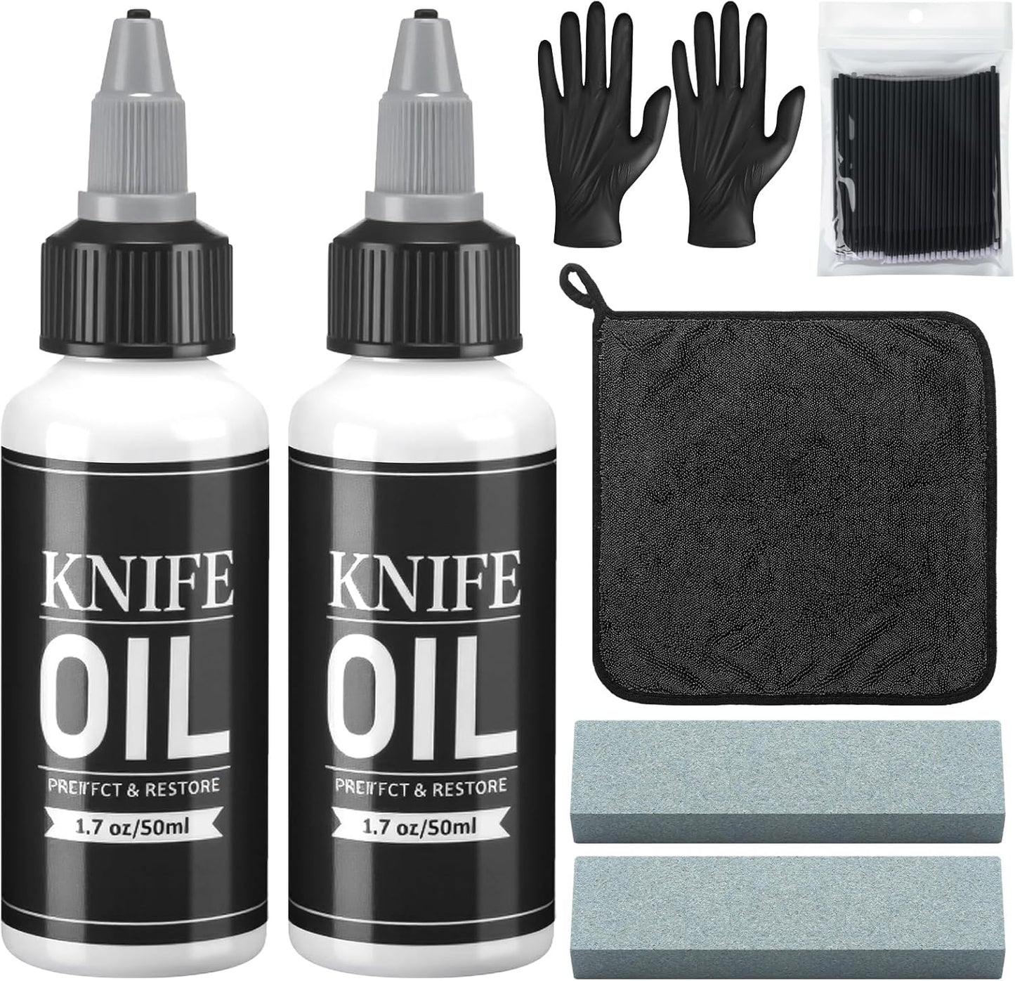 LemonRoad 108 Pcs Knife Oil Rust Eraser Kit Includes Rust Remover Sword Maintenance Oil Microfiber Cloth Black Gloves Cotton Swabs for Carbon Steel Blade, Cleaning, Protection and Lubricant Care Set