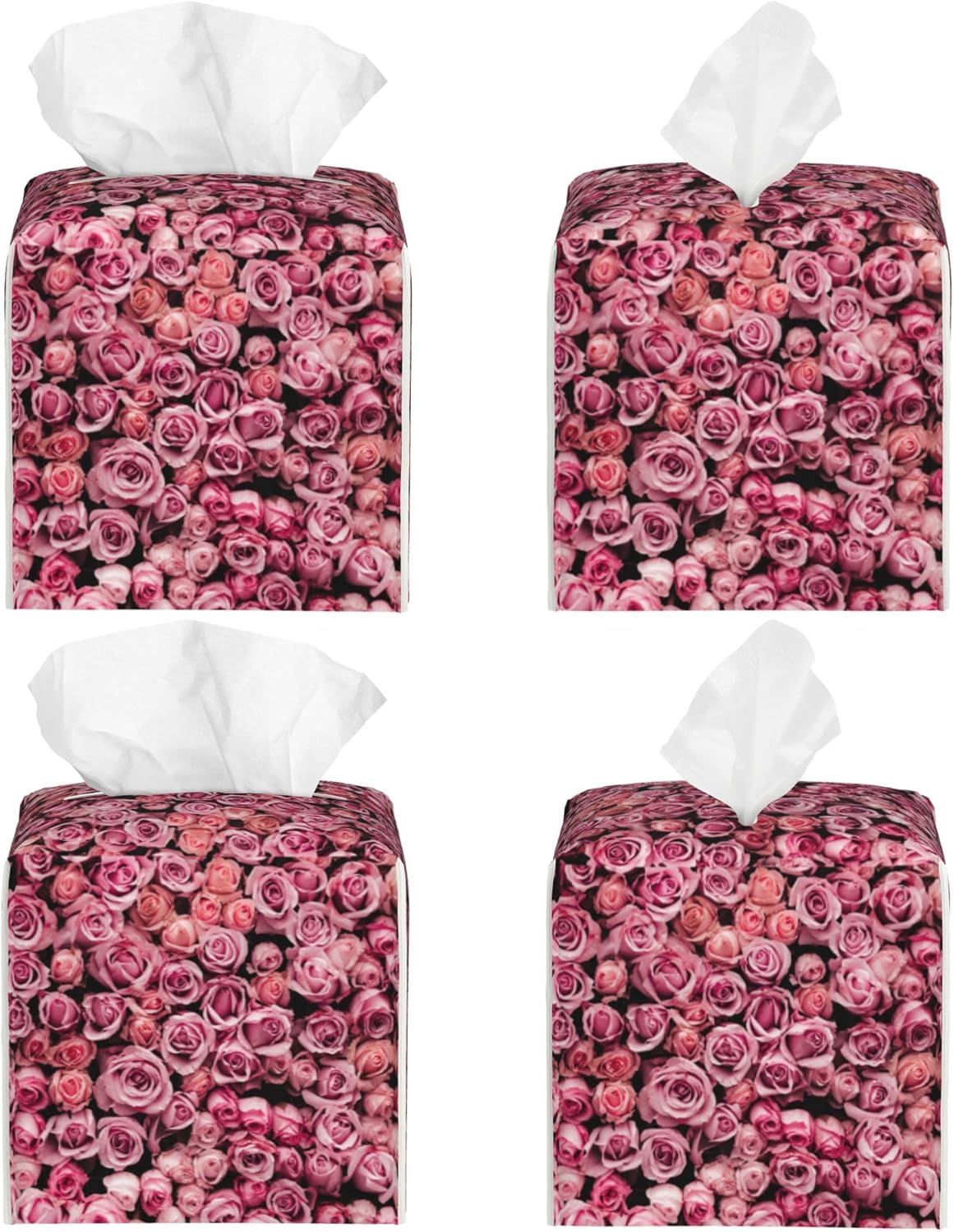 Pink Rose Flower Tissue Box Cover Leather Tissue Box Holder Square Facial Paper Organizer Dispenser for Bathroom Kitchen Bedroom Vanity Countertop Night Stands