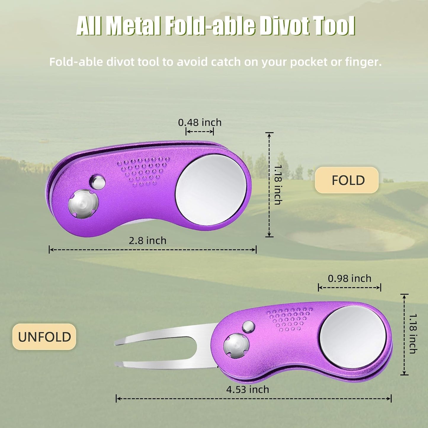 Mile High Life Golf Divot Repair Tool, All Metal Foldable Divot Tool with Pop-up Button & Magnetic Ball Marker