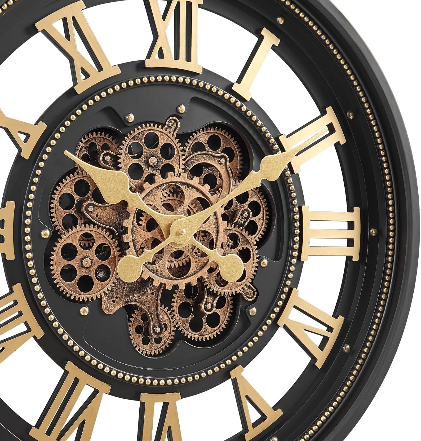 CLXEAST 24 Inch Wall Clock with Moving Gears, Large Roman Numeral Gear Clock for Living Room Decor,Modern Black& Gold Finish,House Warming Gifts New Home