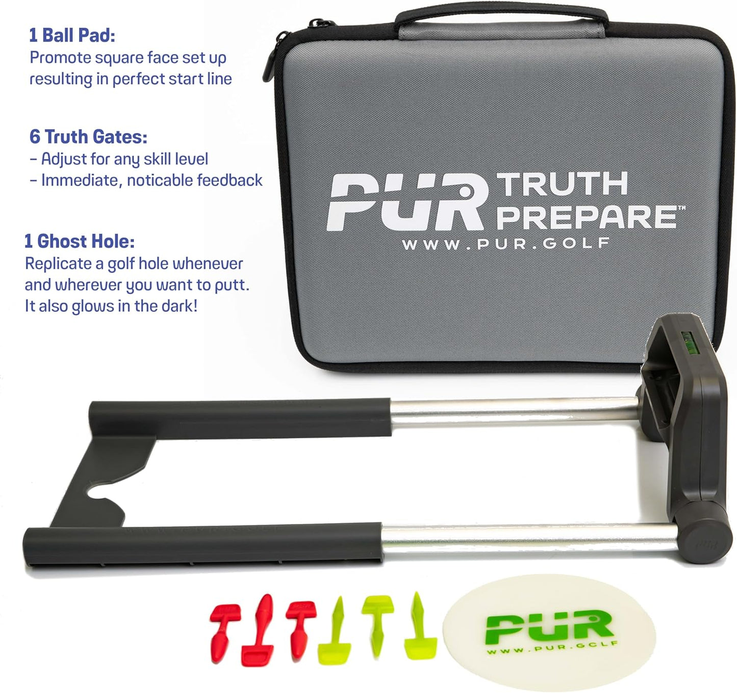 Golf Putting Trainer: Pur Truth Replaces 8 Most Used Golf Putting Aids - Premium Mastery System - Perfect Eyeline Accuracy, Stroke Path, Length and Arc. Precise Square Face Training.