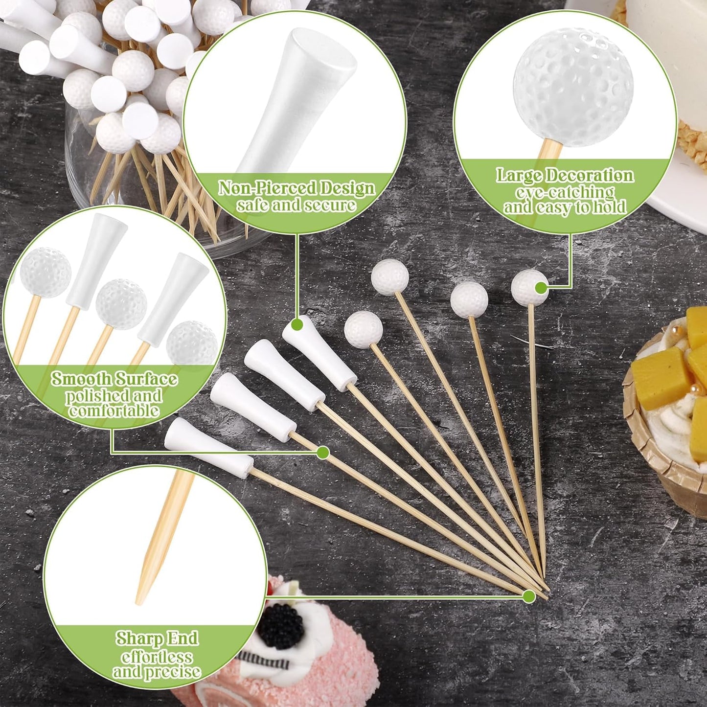 Aodaer 200 Pieces Golf Tee Cocktail Picks 4.72 Inch Golf Ball Toothpicks Disposable Bamboo Skewers Sports Themed Fruit Picks Decorative Toothpicks for Appetizers Sports Players Party Supplies Events