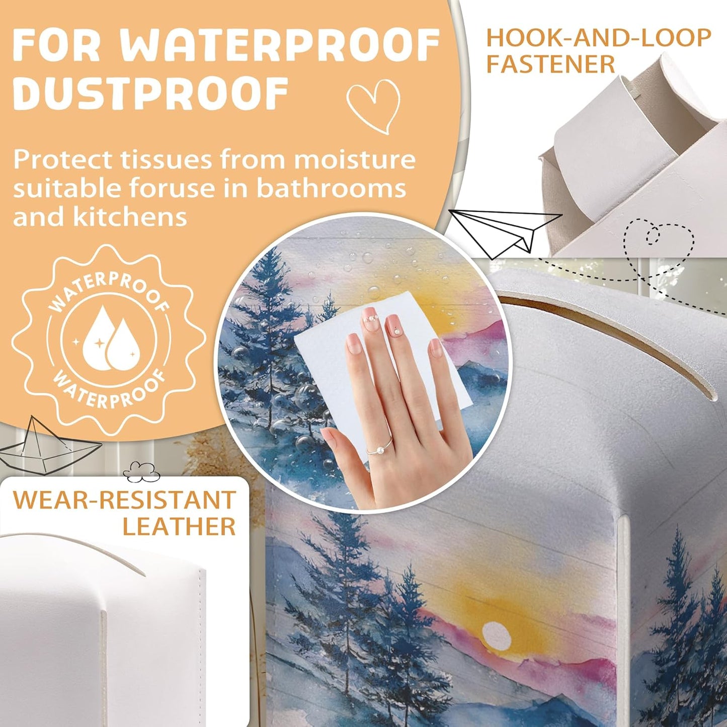 Winter Pine Tree Tissue Box Holder, Winter Forest Landscape Leather Tissue Box Cover Square, Paper Facial Decorative Tissues Cover for Night Stands Bathroom Kitchen Office Home Decor-B22