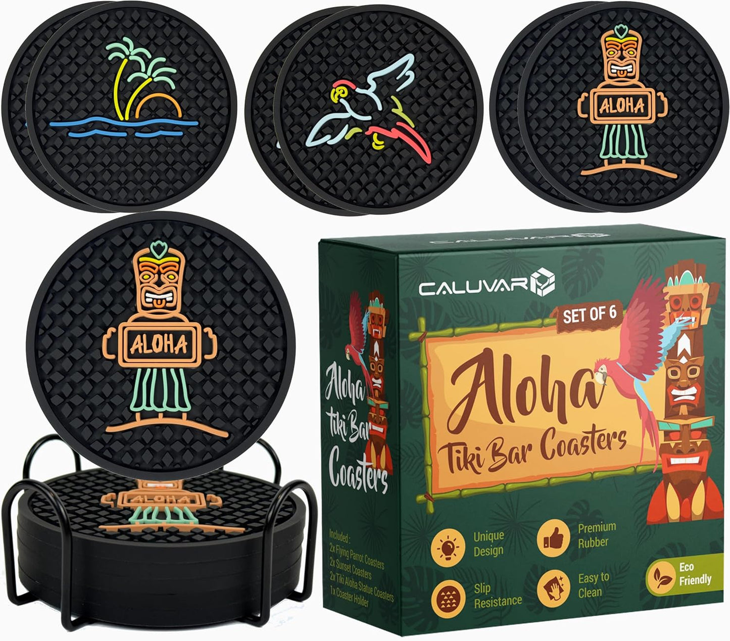 Aloha Tiki Bar Drink Coasters Set of 6 with Holder for Hawaiian and Luau Party Decorations with Tiki Warrior, Wave & Palm Tree and Parrot Designs, Tiki Bar Decor Silicone Coasters, Aloha Party Decor