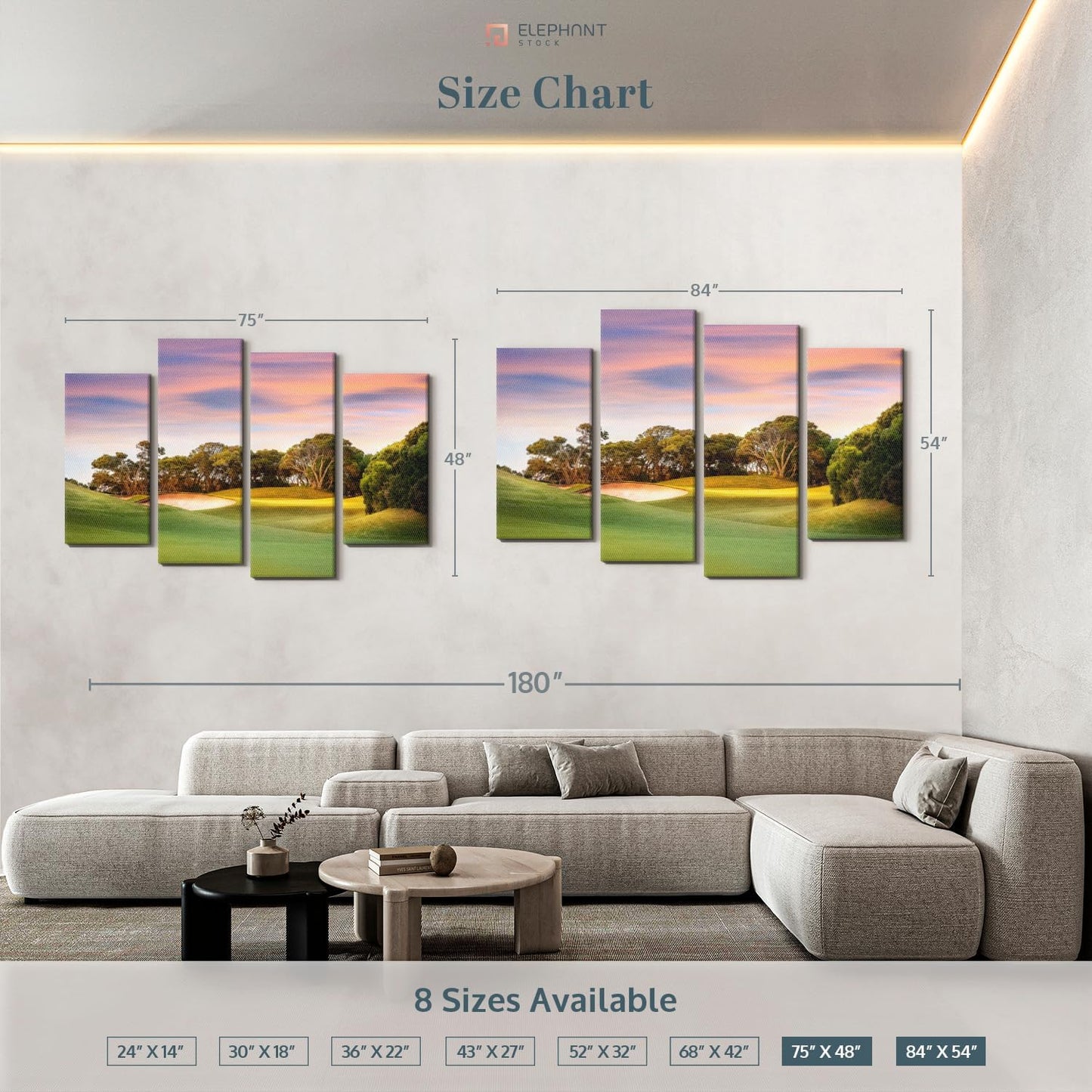 ElephantStock Golf Course Sundown Wall Art - Horizontal Canvas - 4-Piece Living Room Wall Decor - Photography Sports Canvas Print - Orange and Blue Decor for Wall - 84" X 54"