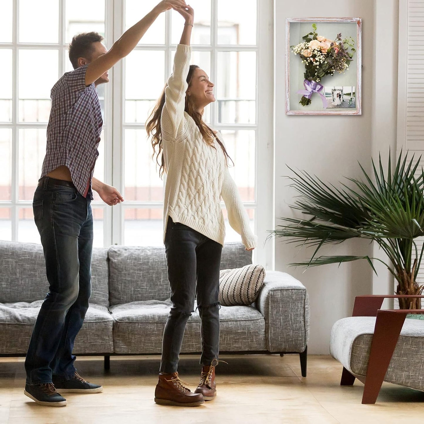 TJ.MOREE Flowers Shadow Box Display Case 13 x 16 Vintage Large Shadow Box Frame with Glass Window Door Farmhouse Deep Picture Frame Wedding Bouquet Memorabilia Photos Memory Box - White Pink